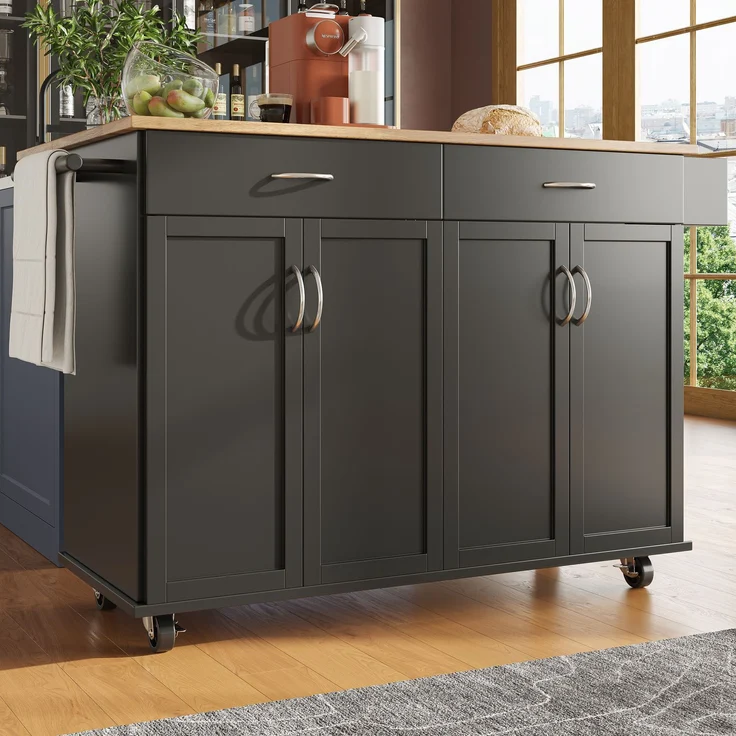 Kücheninsel aus MDF mit klappbarer Platte & Stauraum, 106x50x90,5 cm, Schwarz – Bild 4