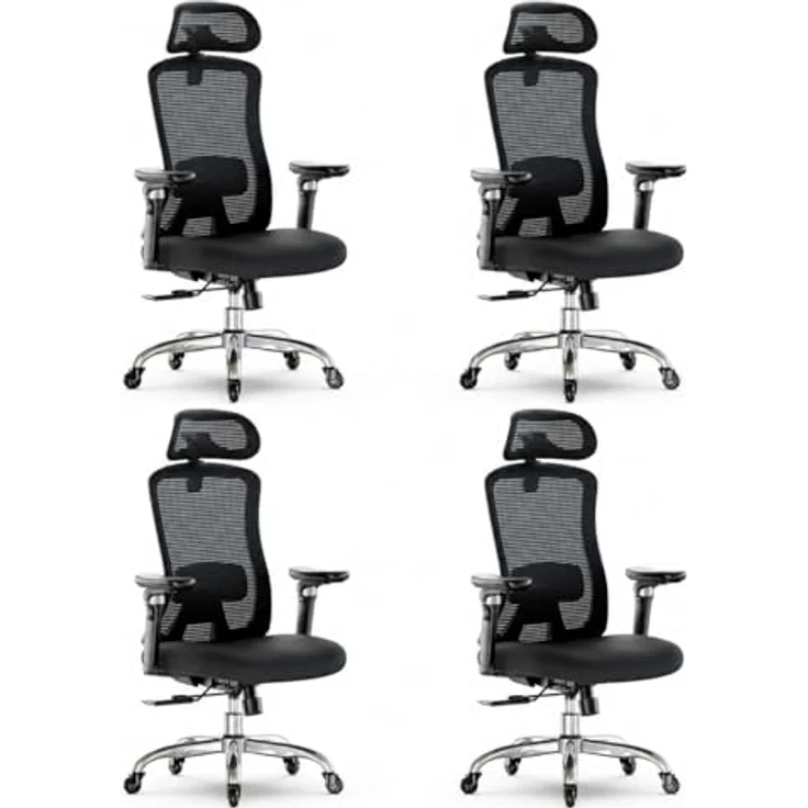 Marsail Bürostuhl mit 6D-Armlehnen, 3D-verstellbarer Kopfstütze, Schiebesitz, Lendenwirbelstütze, 4-Position-Neigungsschloss – hoher und großer Schreibtischstuhl mit Kapazität von 150kg, Schwarz, 4PCS – Bild 1