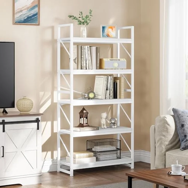 YITAHOME Bücherregal mit 5 Ebenen, Großes Standregal, Holzregal und Metallrahmen, Industrieregal, Bodenstehendes Lagerregal, für Wohnzimmer, Home Office, Weiß Regal – Bild 4