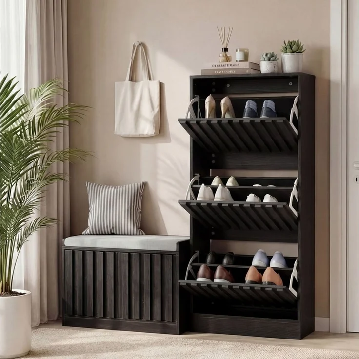 UEV Schuhschrank schmal mit 3 Klappen Holz, moderner Flurschrank Schuhregal 60x24x122cm (Schuhkommode) Schuhkipper mit verstellbaren Trennwänden für Verschiedene Schuhtypen – Bild 2