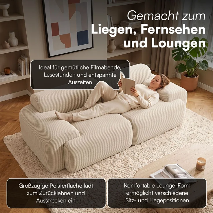 skølm 'Menja' Cloud Sofa 2-tlg, 2er Sitz mit 2 Kissen, Cord beige, Vollschaumcouch mit Federkern und Vakuum-Kompression, kein Aufbau erforderlich – Bild 8