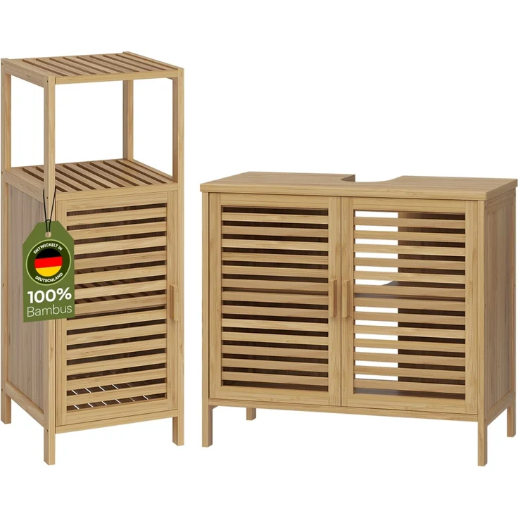 Bellamio 'Newa' Badezimmer Set aus Waschbeckenunterschrank und Badschrank mit 3 Ablagefächern, Bambus, natur – Bild 1