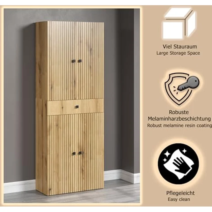 trendteam smart living - PureBliss - Waschbeckenunterschrank - Eiche - Waschtisch mit 3 offenen Fächern - (BxHxT) 90 x 79 x 53 cm - Badezimmerschrank mit Rillenoptik - edle Metallgriffe – Bild 6
