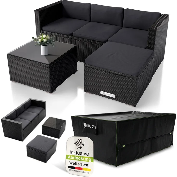 Juskys Polyrattan Lounge Punta Cana M schwarz inkl. Abdeckung – Gartenlounge für 3-4 Personen – Sitzgruppe mit Sofa, Tisch & Hocker - Sitzbezüge Dunkelgrau – Bild 1