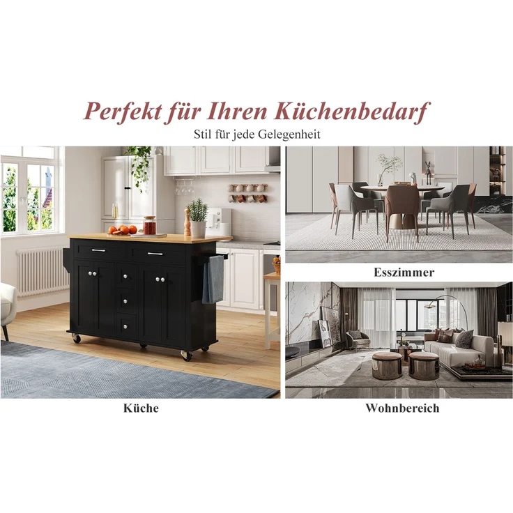 Küchenwagen mit ausklappbarer Arbeitsplatte & Stauraum, 140x40/65x89 cm, Schwarz/Natur – Bild 8