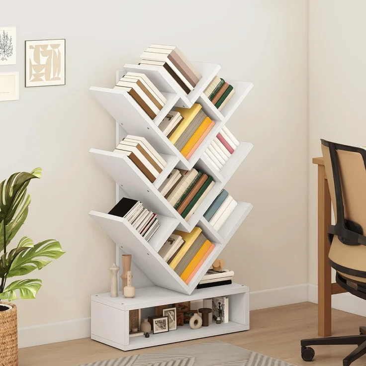 YITAHOME Baum-Bücherregal, Bodenstehendes Standregal, Industrielle Holzregale, Hohe Aufbewahrungsmöglichkeit für Ausstellungsstücke, Lagerregal für Wohnzimmer, Home-Office, Weiß – Bild 3