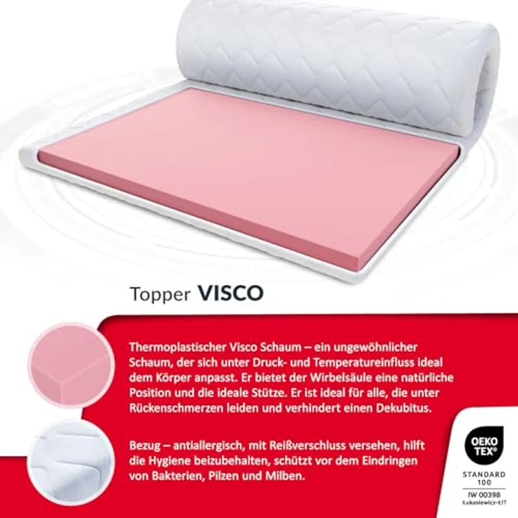FDM VISCO MAX Matratzen Topper, 140x200 cm, Härtegrad H1, 8 cm Höhe, thermoplastischer Schaum, Allergiker geeignet, Öko-Tex, weiß – Bild 4