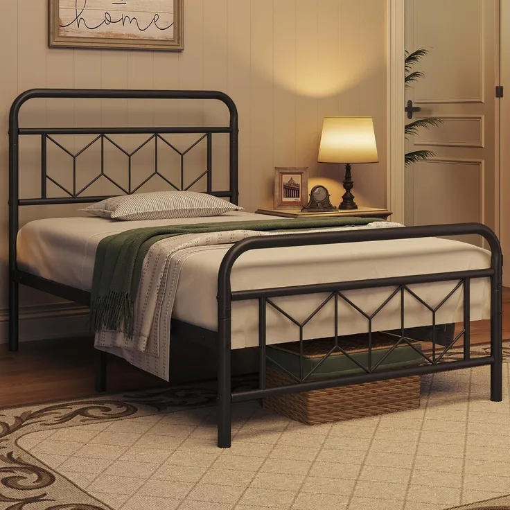 Yaheetech Bettgestell 90x190 cm, Vintage Metallbett Bettrahmen mit Hohem Kopfteil, Moderner Minimalistischer Einzelbett mit Lattenrost & Stauraum unter dem Bett, Gästerbett für Schlafzimmer, Schwarz