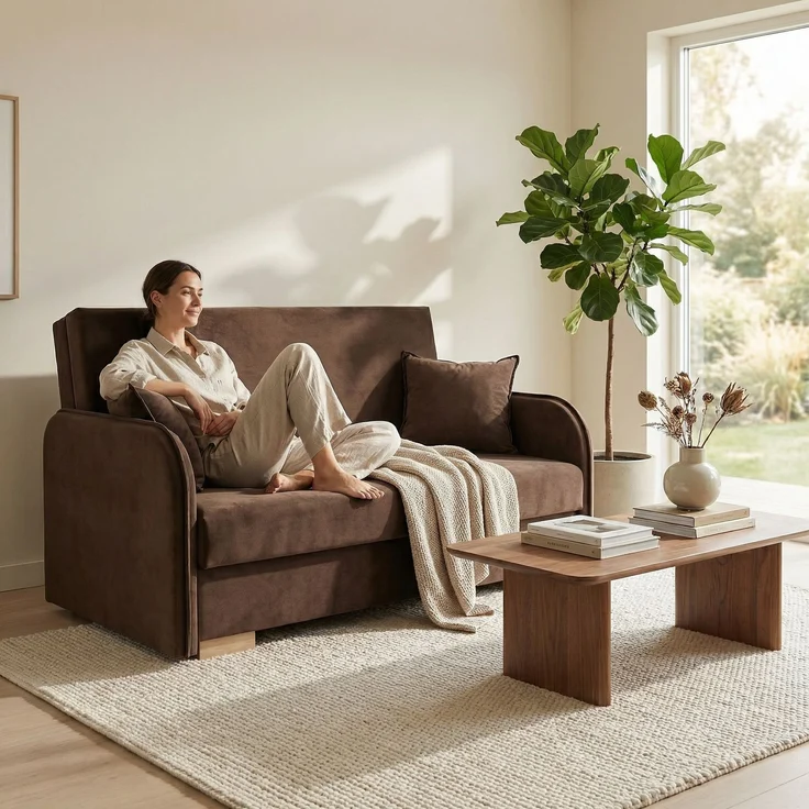 Wohnero 24 Goldi 2 Premium Schlafsofa 124x100 cm mit Schlaffunktion & Bettkasten – 113x195 cm Liegefläche, Hochwertiges Sofa Braun – Bild 1