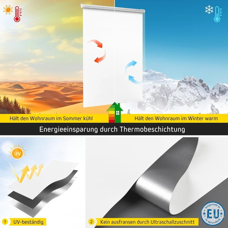 Verdunklungsrollo Thermorollo, 30 x 100 cm, weiß [Stoffbreite 26,6 cm], jalousiescout, verdunkelnd, ohne Bohren, freihängend, Klemmfix, Thermo-Rollo Vollverdunkelnd Thermo-Beschichtung, energiesparend – Bild 3