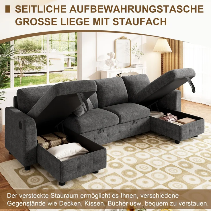 Merax U-Form Chenille Sofa mit Schlaffunktion, Schlafsofa mit 2 Stauraum-Chaiselongues, ausziehbares Schlafsofa mit 1× USB & 1× Type-C Ladeanschluss, mit 2 Kissen, Grau, 260×128×82 cm – Bild 8