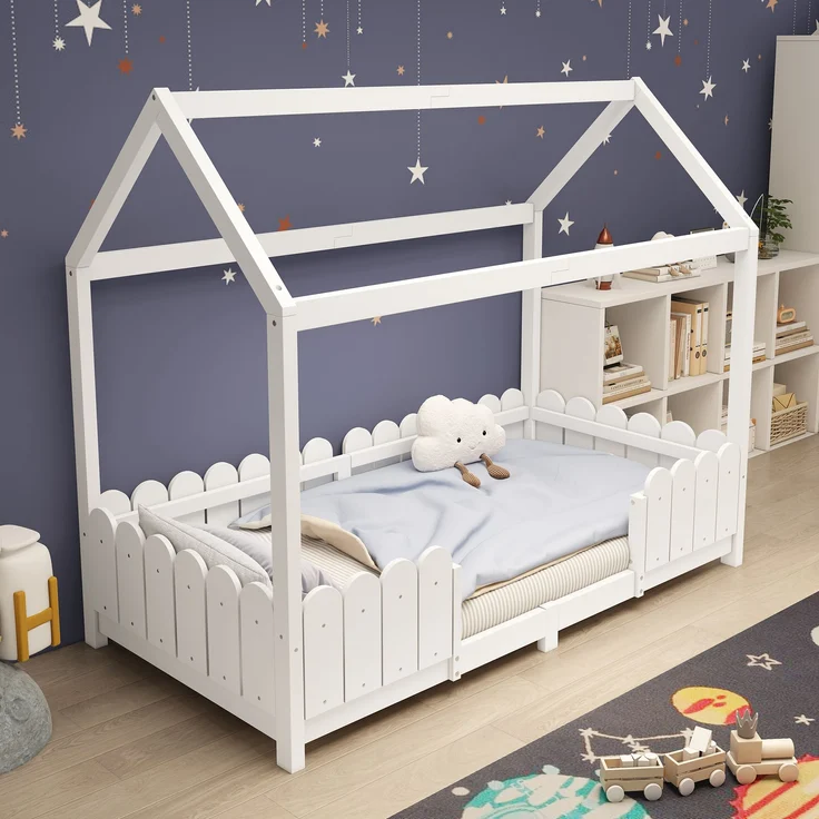 Bett 90x200 cm Hausbett mit Dach und Rausfallschutz – weißes Kinderhaus aus Kiefernholz mit Lattenrost – Bild 4