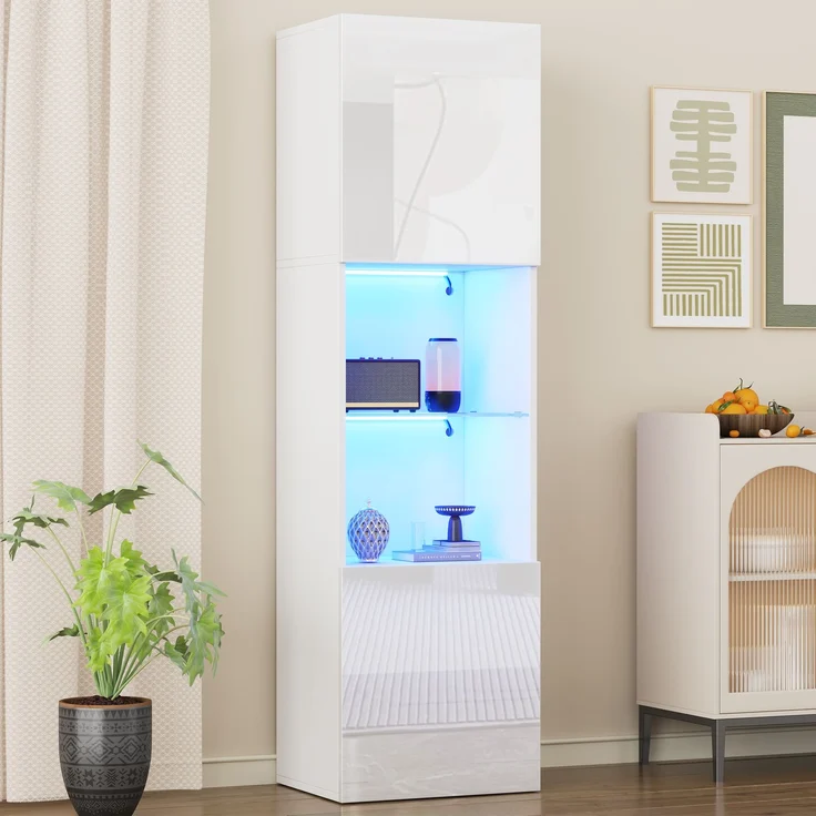 Weiße Hochglanzvitrine mit LED-Beleuchtung, 1 Glasböden, 45*35*160 cm, Vitrinen, freistehende Vitrinen, Hochschränke, Lagerschränke--Weiß--45x35x160cm--YOUDENOVA – Bild 6