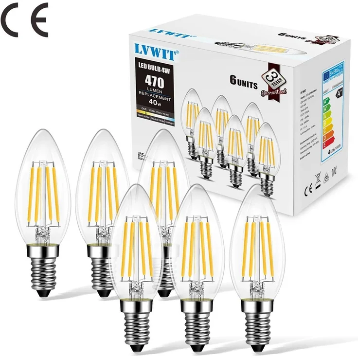 6er Pack E14 Kerze LED Lampe für Kronleuchter, E14 Glühfaden Retrofit Classic, 4W 470 Lumen ersetzt 40 Watt, 2700K Warmweiß, Filament Fadenlampe, Glas, nicht dimmbar, 3 Jahre Garantie - LVWIT – Bild 6