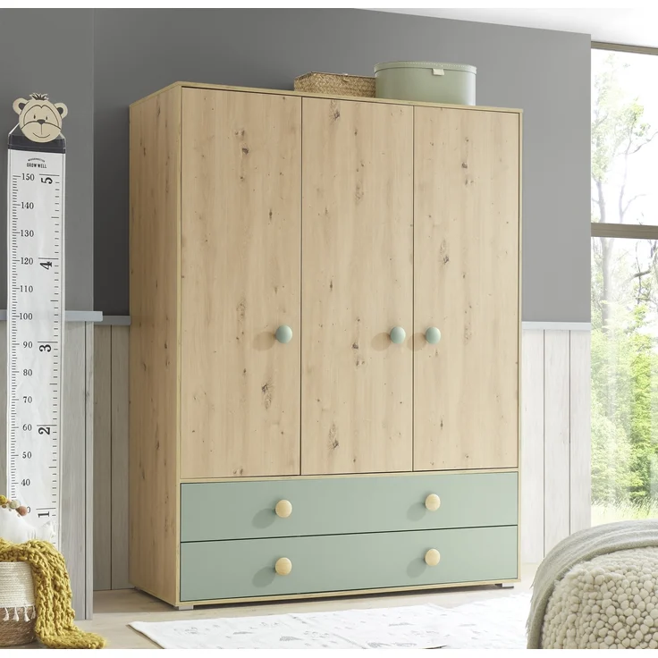Kleiderschrank >Birta< 2 Schübe, 3 Türen, Artisan Eiche Dekor /Salbei - 153,8x200x58,2 (BxHxT) – Bild 2