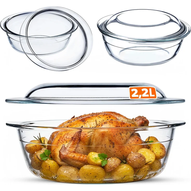 KADAX 2,2 l hitzebeständige Form mit Deckel, kleines, rundes Glas zum Backen – Bild 1