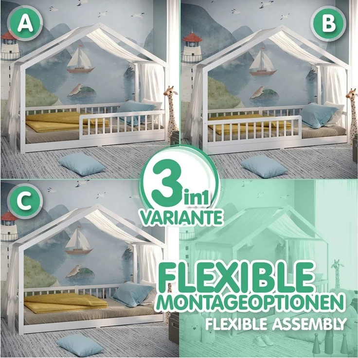 CADANI Kinderbett Malte Bodenbett Hausbett weiß (Rausfallschutz abnehmbar), Bodenbett Hausbett mit Roll-Lattenrost – Bild 3