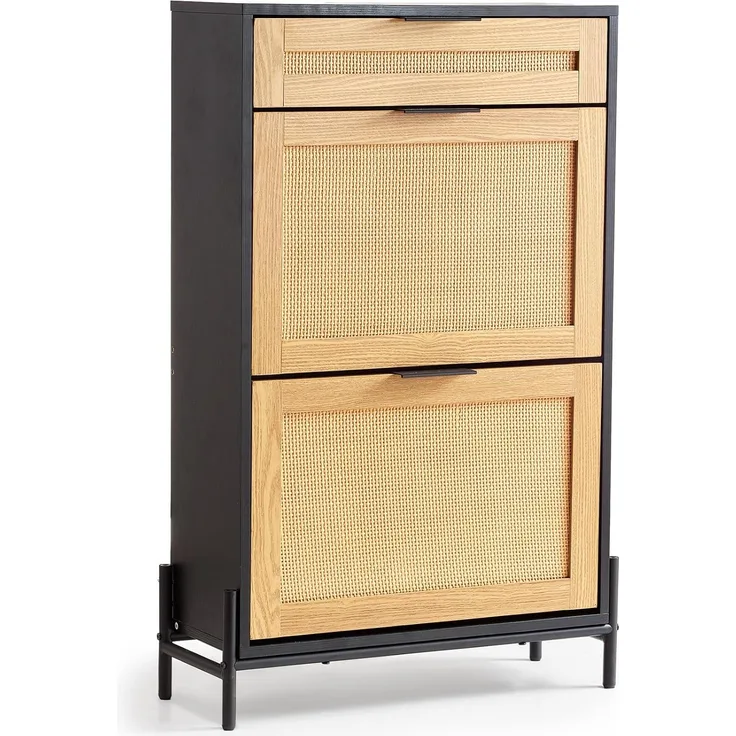 VEVOR Schuhschrank Schuhkommode aus Rattan mit 2 Klappschubladen & 1 Ausziehschublade, Metallbeine, schmaler Schuhschrank ideal für Eingangsbereich Diele Schrank Flur Schuhkipper Schwarz