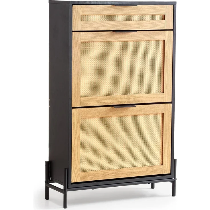 VEVOR Schuhschrank Schuhkommode aus Rattan mit 2 Klappschubladen & 1 Ausziehschublade, Metallbeine, schmaler Schuhschrank ideal für Eingangsbereich Diele Schrank Flur Schuhkipper Schwarz