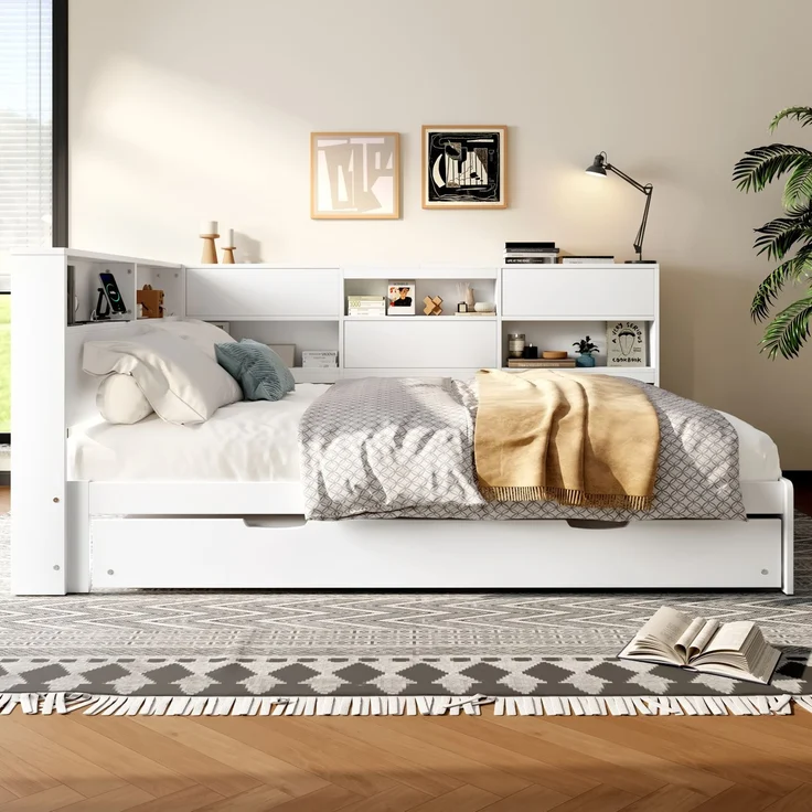 Daybett 140x200 cm mit Ausziehbett und Stauraum – Schlafsofa in Weiß aus Kiefernholz und MDF – Bild 4