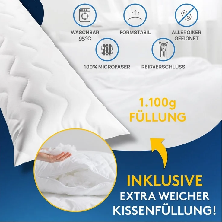 LILENO HOME Seitenschläferkissen 40x145 cm (1100 g Füllung) - Stillkissen + herausnehmbares Innenkissen, Set, 1-tlg, 1er Set, Seitenschläferkissen 40x145 cm für Schwangere u. Babys – Bild 4