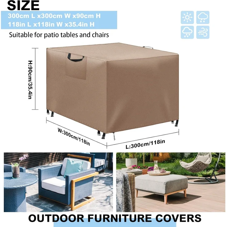 WUAYAMI Gartenmöbel Abdeckung wasserdichte Abdeckplane Gartenmöbel Winddicht Anti-UV Schwerlast 420D -Oxford Gewebe für Sitzgruppe Gartentische Terrassenmöbel Khaki, 300 x 300 x 90 – Bild 3