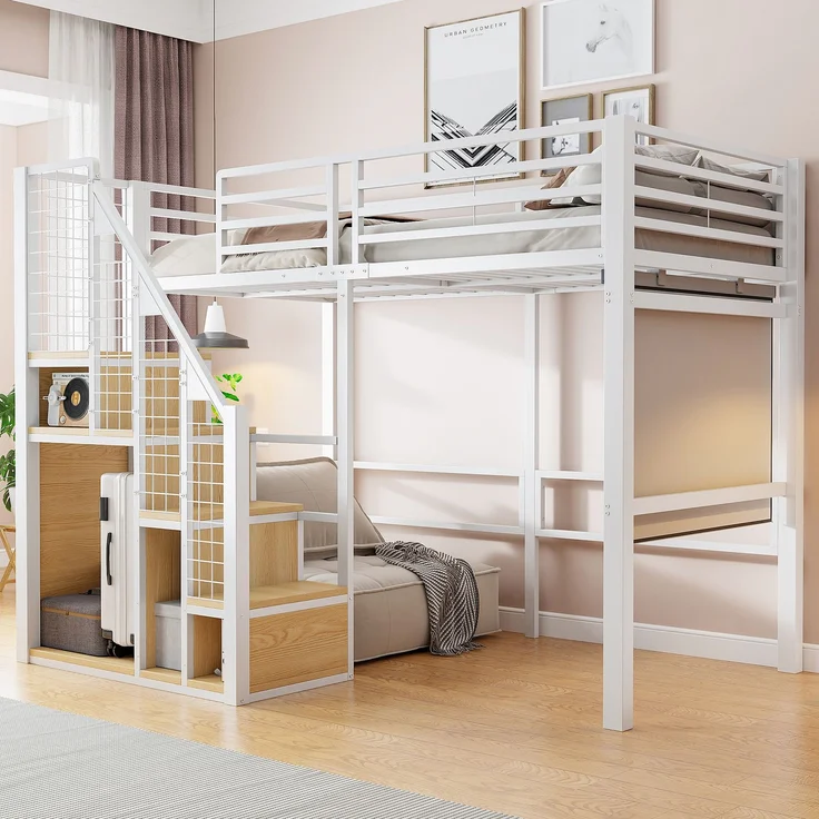 Hochbett 90×200 cm aus Metall mit Treppe und Stauraum, weiß – Bild 1