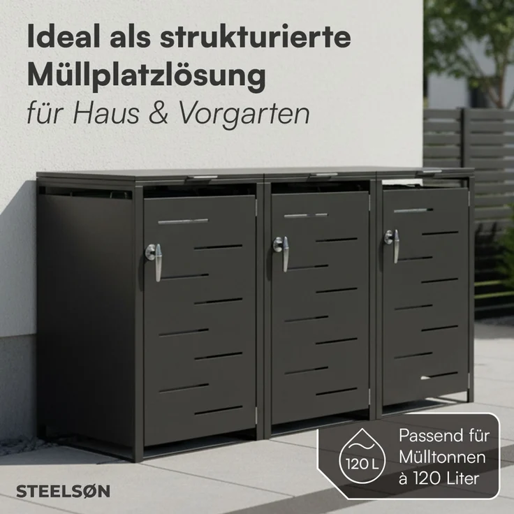 STEELSØN 'Diorus' Mülltonnenbox 3er je 120 Liter, graphitschwarz, Mülltonnenverkleidung aus Stahl mit Sichtstreifen, wetterfest, 102x62x177,5 cm, abschließbare Müllbox für 3 Tonnen – Bild 2