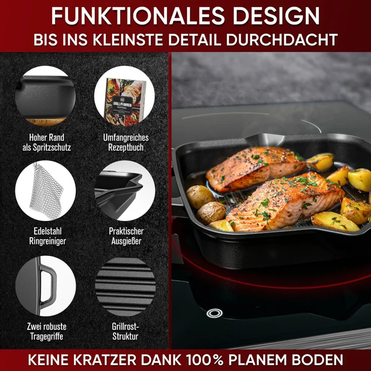 Grill-Feuerpfanne 30 cm aus Gusseisen mit 2 Henkeln – vorgebrannt, hitzebeständig bis 300 °C, für Induktion & Grill inkl. Ringreiniger – Bild 8