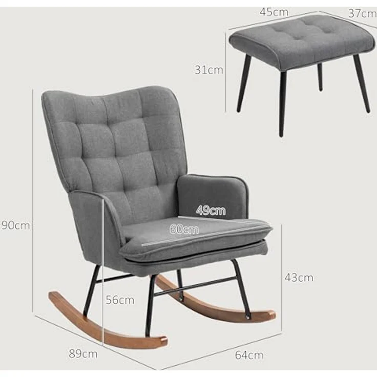 HOMCOM Schaukelsessel mit Hocker, Relaxsessel mit Leinenoptik (Armlehnsessel, 2-St, Schwingsessel), für Wohnzimmer, Schlafzimmer, Schwarz+Dunkelgrau – Bild 4