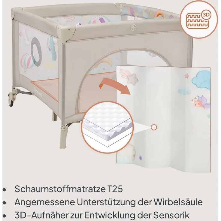 Lionelo 2-in-1 Laufstall und Reisebett mit Matratze für Babys Mille Plus bis 15 kg, 0–36 Monate, Seiteneinstieg, 3D-Matratze, 2 Rollen mit Bremse, Faltbar, Tragetasche, Graubeige – Bild 2