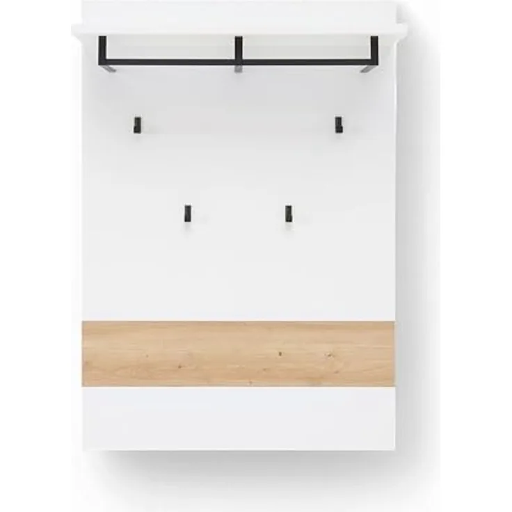 Stella Trading Memphis Garderobenpaneel in Weiß, Artisan Eiche Optik - Hutablage mit zuverlässigen Wandhaken für Jacken & Taschen - 80 x 118 x 30 cm (B/H/T)