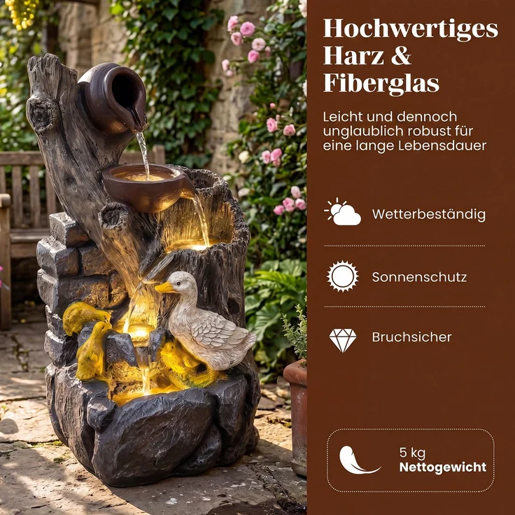 4-Stufiger Gartenbrunnen mit LED-Beleuchtung Dekorativer Zierbrunnen mit Entenmotiv 30 x 27 x 57 cm SH1600 – Bild 4