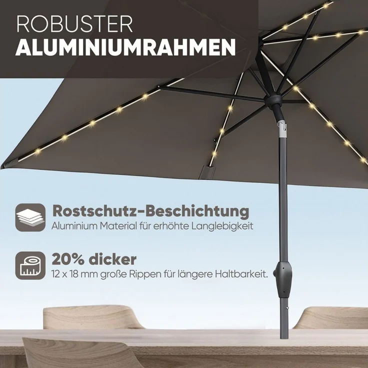 Sekey Sonnenschirm mit LED-Beleuchtung, Kurbel & UV50+, knickbar, Aluminium cappuccino, 210 x 140 cm – Bild 3
