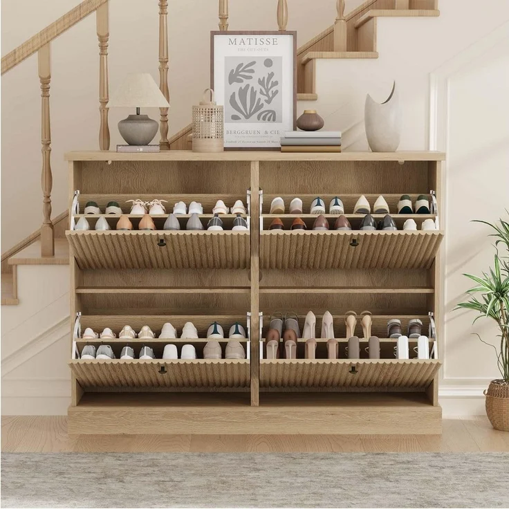 GarveeMore Schuhschrank Moderner Rillenprofil mit 4 Klappschubladen verstellbare Einlegeböden (1-St) 120x25x90cm Versteckter Schuhstauraum Schuhregal für 18–24 Paar Schuhe – Bild 4