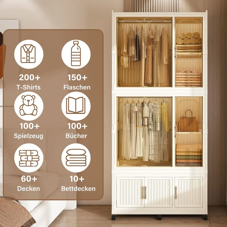 Kleiderschrank aus PP-Kunststoff mit 9 Magnettüren, 6 Rollen und 2 Kleiderstangen, 92x45x196 cm, Cremeweiß – Bild 8