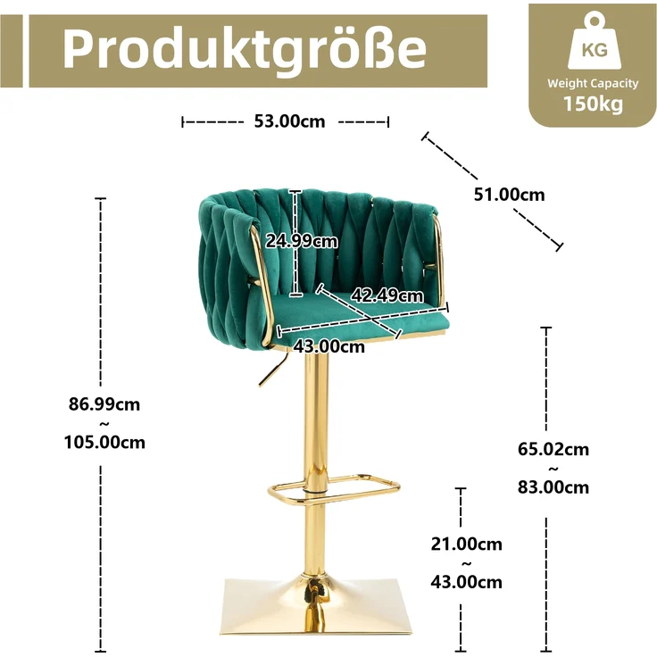 LVHOM Barhocker 2er Set, 360° drehbare moderne Samt-Barstühle, drehbare Küchenhocker, goldene Stuhlbeine – Bild 6