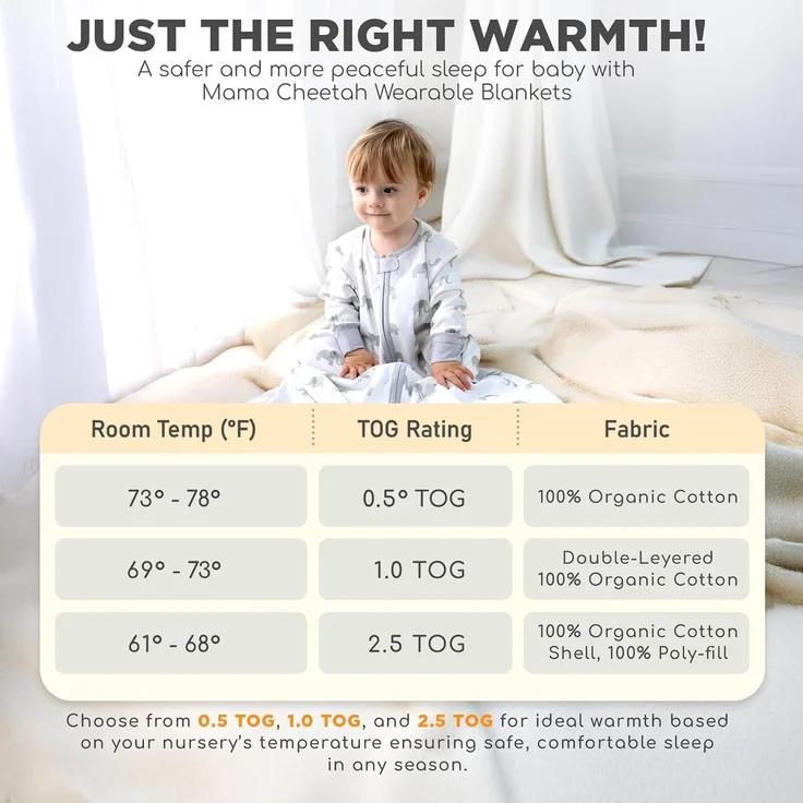 Mama Cheetah Baby Schlafsack mit Ärmeln, 0.5 TOG Bio-Baumwolle Wearable Blanket und Zwei-Wege-Reißverschluss, Swaddle Transition Long Sleeve Sleep Sack für Neugeborene to Kleinkind, 6-12 Monate – Bild 8