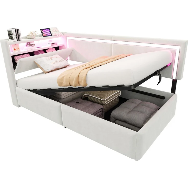 Polsterbett Schlafsofa 90x200 cm Mit LED-Beleuchtung und USB-Ladeanschlüssen. Kopfteil Lässt Sich Zum Verstauen öffnen. Hydraulisches Stauraumsystem unter Dem Bett, Samtstoff Beige – Bild 6