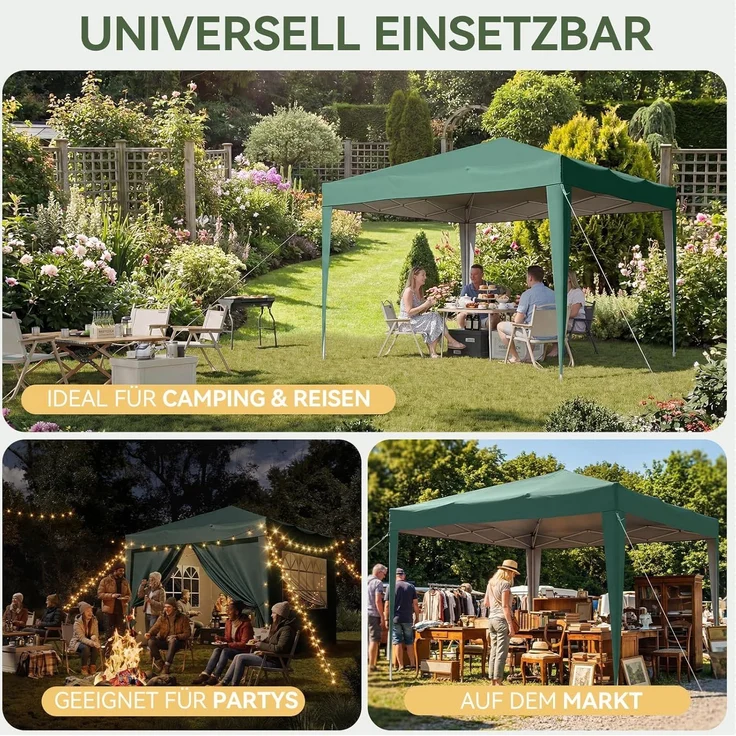 Aoxun Pop Up Pavillon 3x3 Wasserdicht mit 4 Seitenwänden, Metallrahmen-Schutzzelt, Höhe Verstellbar, 3mx3m Faltpavillon mit Tragetasche für Camping Party, Grün – Bild 8