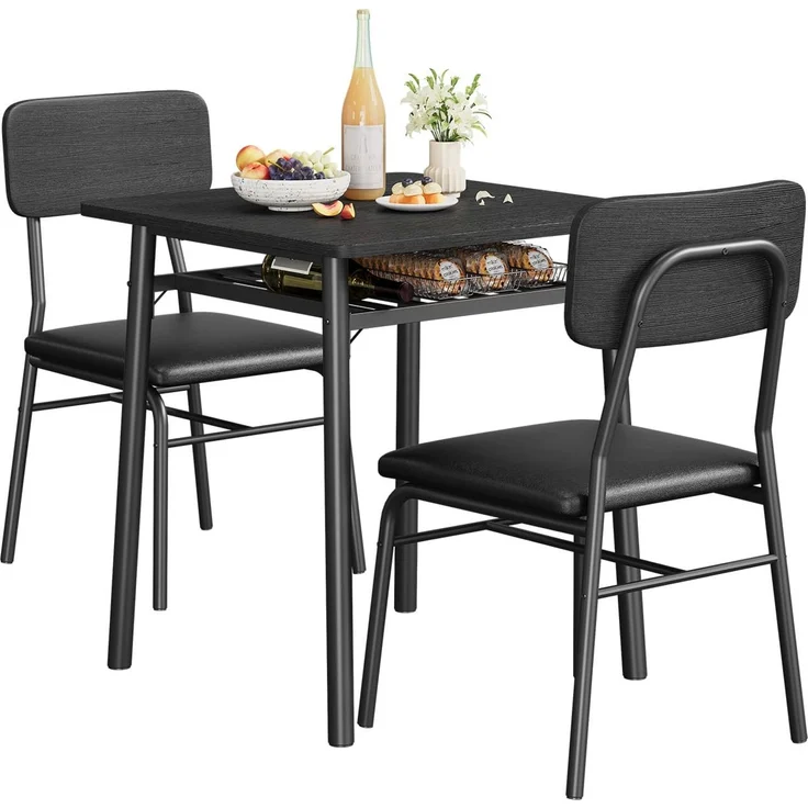IDEALHOUSE 3-teiliges platzsparendes Esszimmer-Set für 2 – Quadratischer Küchentisch mit Metallrahmen, Stauraumregal und gepolsterten Stühlen – Perfekt für kleine Küchen oder Frühstücksecken – Farbe: