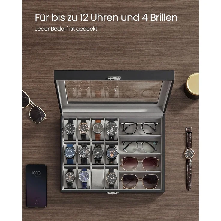 SONGMICS Uhrenbox, abschließbarer Uhrenkasten, Uhrenkoffer, Organizer für Uhren, mit 16 Fächern, Glasdeckel, Geschenk für die Liebsten, PU-Bezug in Schwarz, Samtfutter in Taubengrau JWBDE112G01 – Bild 3
