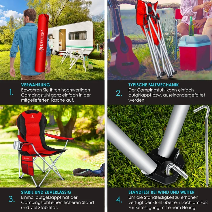 KESSER® Campingstuhl faltbar bis 150 kg Angelstuhl Faltstuhl Klappstuhl Gepolstert mit Armlehnen, Getränkehalter + Tasche mit hoher Rückenlehne, Strandstuhl, Klapphocker Rot / Schwarz – Bild 4