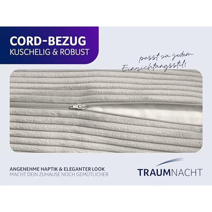 Traumnacht Cozy Rückenkissen, Lesekissen, 70x40 cm hellgrau, abnehmbarer,waschbarer Bezug aus gemütlichem Kord, praktisches Seitenfach, Öko-Tex zertifiziert, produziert nach deutschem Qualitätsstandard – Bild 5