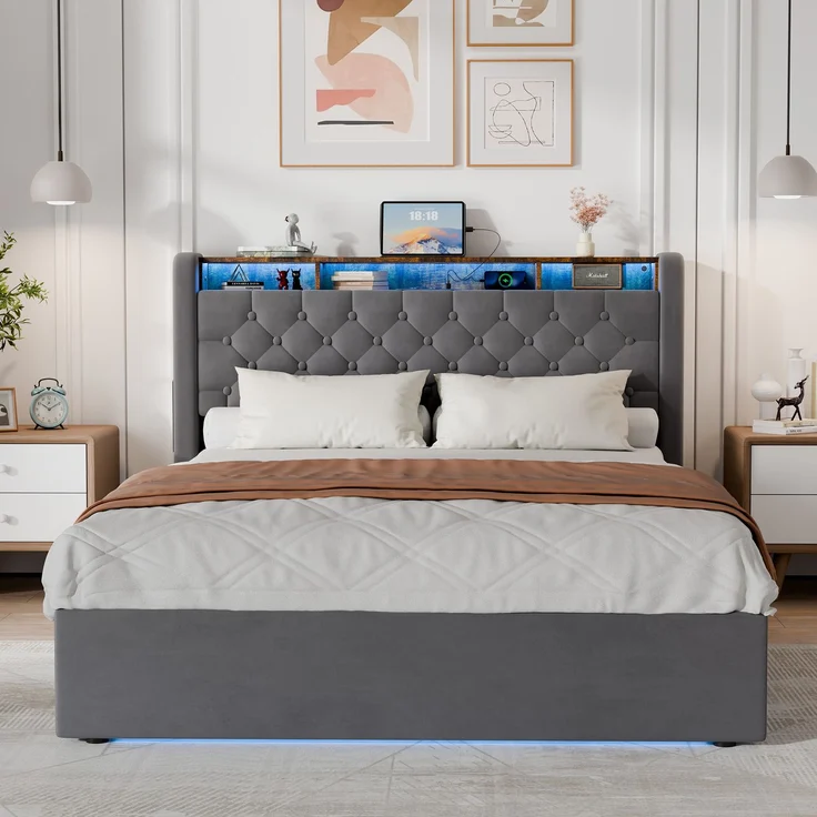 Polsterbett aus Holland-Velours mit LED, USB-C & hydraulischem Stauraum, ohne Matratze, 140x200 cm, Grau – Bild 9