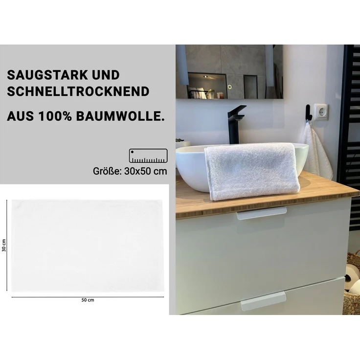 ZOLLNER 10er Set Gästetücher 100% Baumwolle, 30x50 cm, Weiß – Bild 2