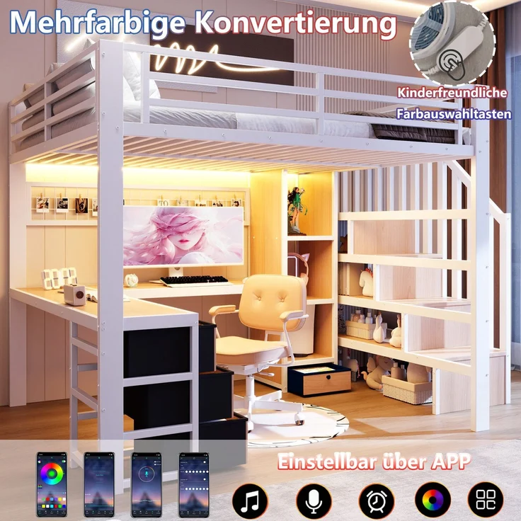Hochbett mit RGB LED-Streifen, Eckschreibtisch, Treppe, Regal, Lattenrost, Wandgitter und 4 Schubladen, 140x200 cm, Kinderbett mit Rausfallschutz, Metallbett – Bild 3