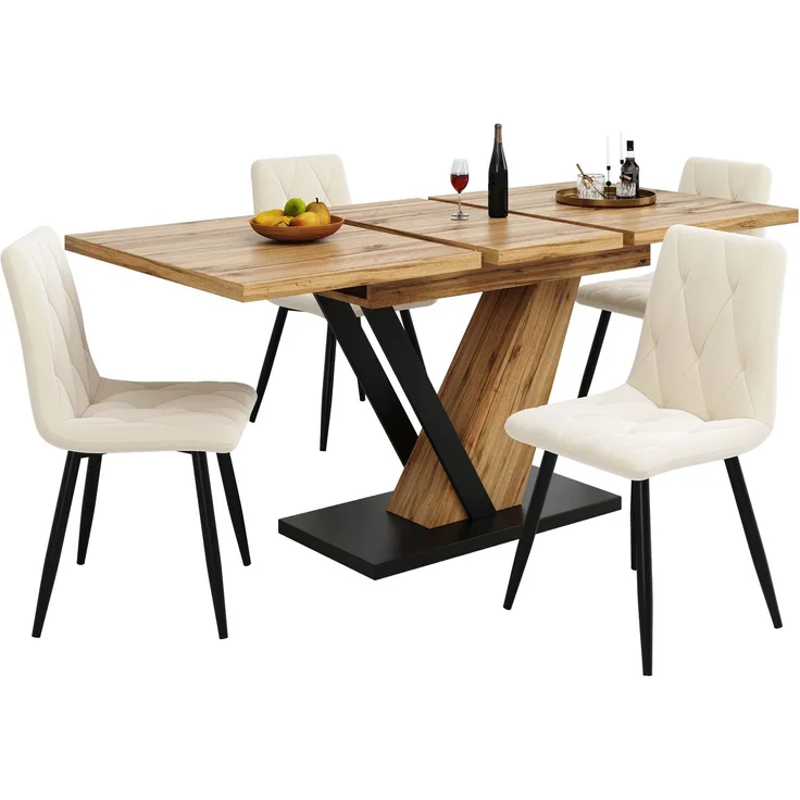 ausziehbarer Esstisch mit Holzmaserung MDF-Platte & Metallgestell, 120–160 cm Teleskop-Küchentisch mit Feststellschiene für Küche und Wohnzimmer