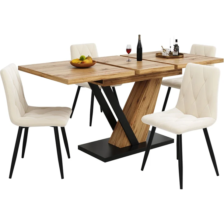 ausziehbarer Esstisch mit Holzmaserung MDF-Platte & Metallgestell, 120–160 cm Teleskop-Küchentisch mit Feststellschiene für Küche und Wohnzimmer – Bild 1