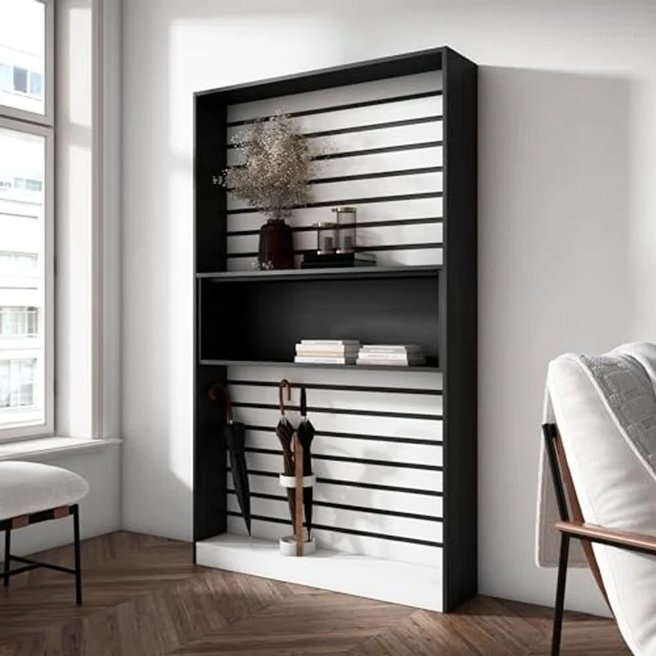 Skraut Home | Bücherregal Bibliothek | Bookshelf, Bookcase | 110 x 186 x 25 cm | Wohnzimmer, Esszimmer, Büro | Aufbewahrungsregal | Moderner Stil | Weiß und Schwarz – Bild 2